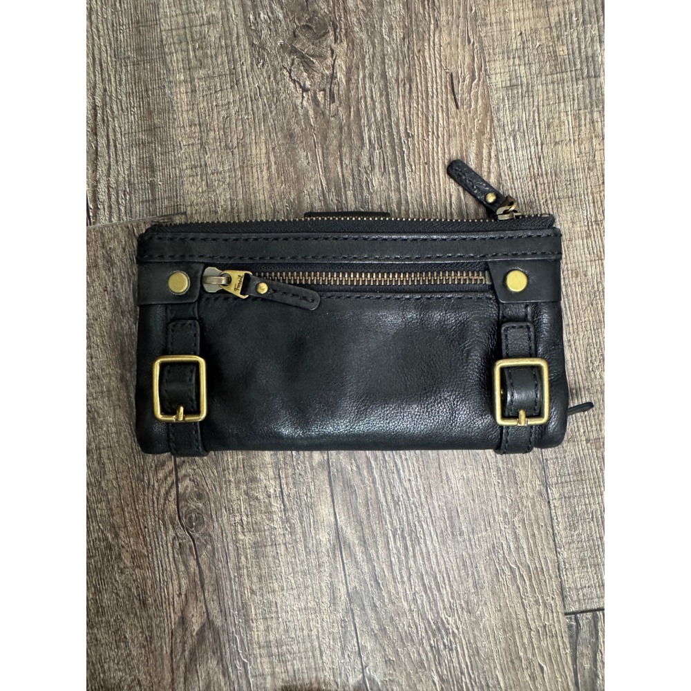 Fossil Black Leather Bifold Wallet Brass Buckle Detail Long Clutch Organizer
